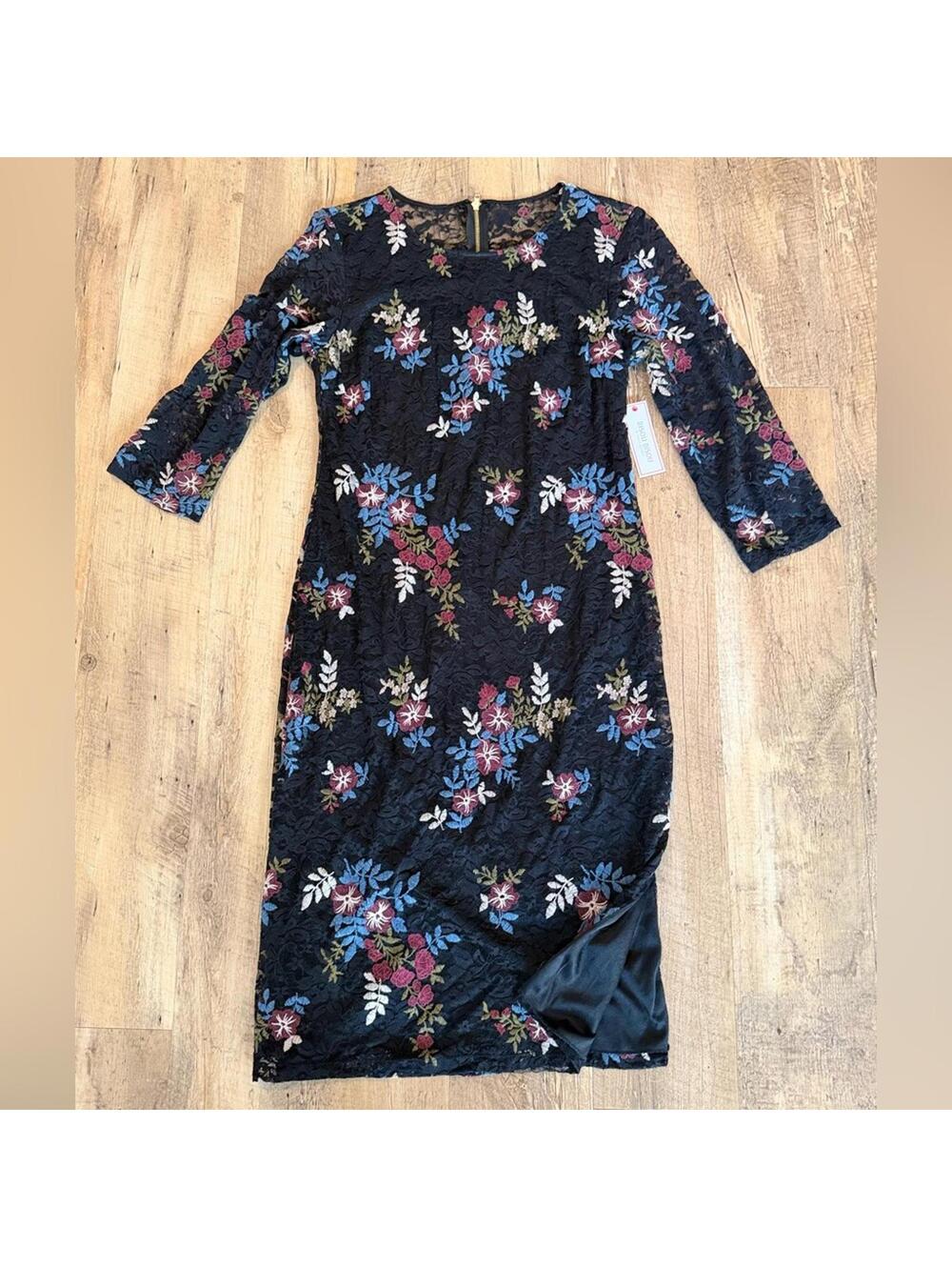 NWT Bisou Bisou Dress Michele Bohbot Black Floral Midi Lace Fitting Size 14
